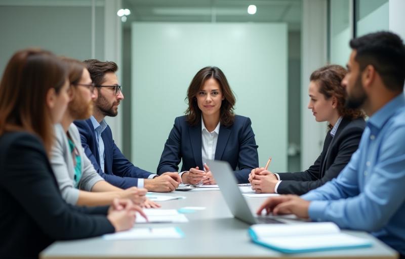 Group of professionals participating in an interviewer training session, looking engaged and collaborative.